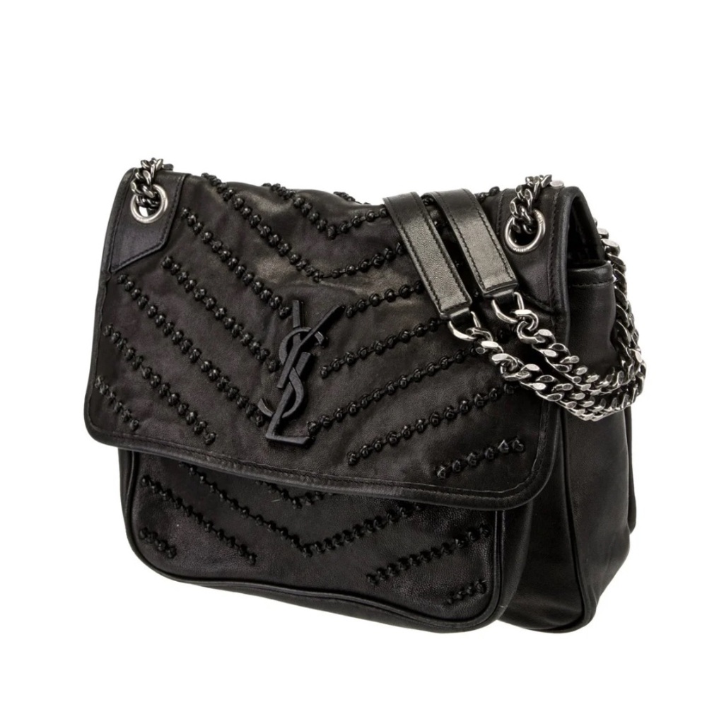 YSL Niki Leather Shoulder Bag with Ruthenium Chain and Leather Detailing at fron
